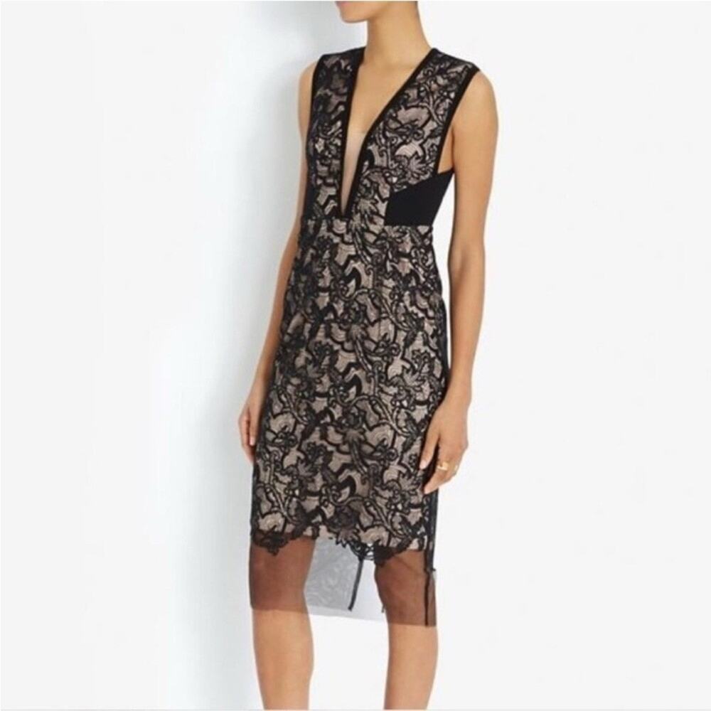 Manning Cartell Royal Paisley Lace Sheath Black Dress Midi Sleeveless V Neck XS